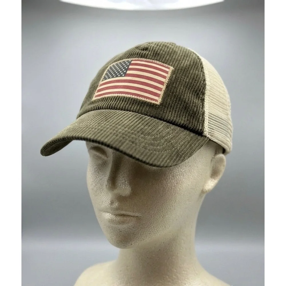 Polo Ralph Lauren USA Flag Trucker Hat Olive Corduroy Cream Mesh Cap Strapback